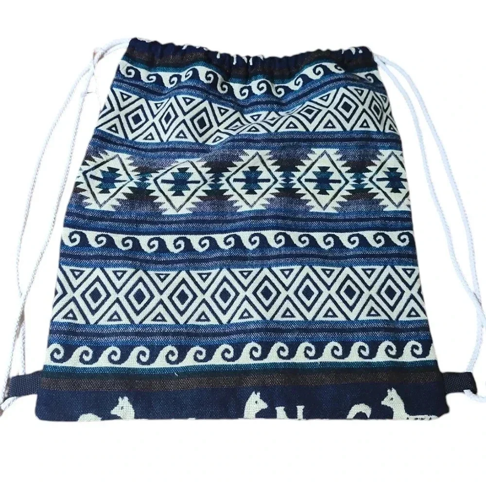 Boho Tribal Drawstring Backpack Gym Bag Travel Beach Sack Blue
